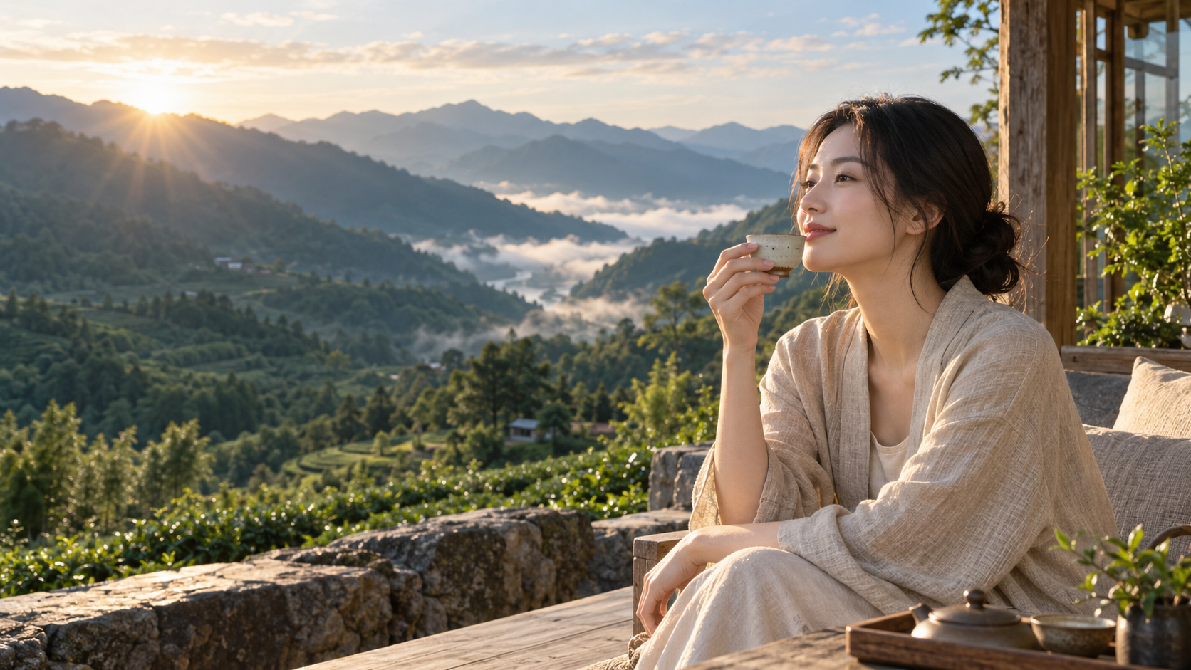 年輕亞洲女性在高山晨光中悠閒品茶
