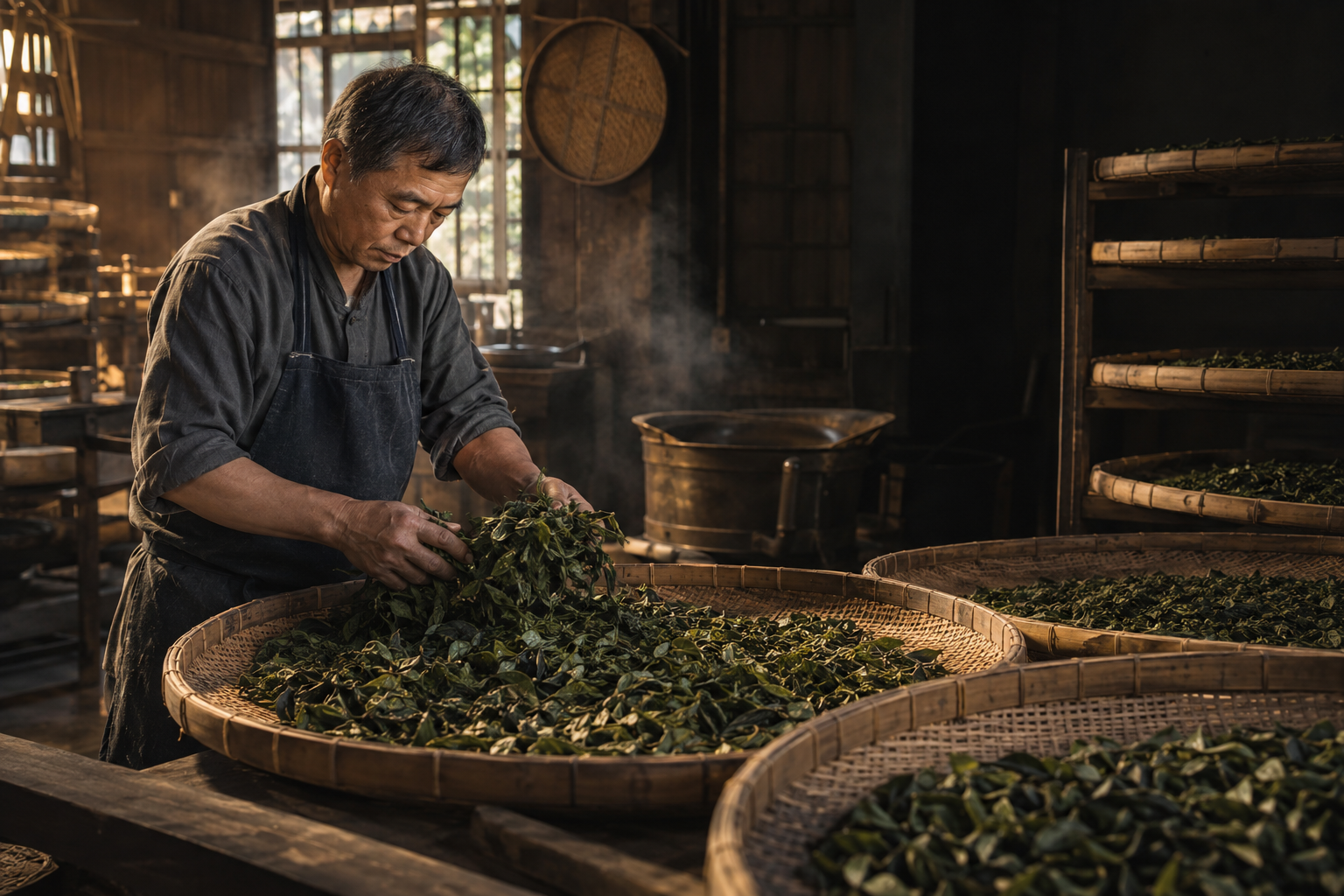 製茶職人觀察並翻動茶葉