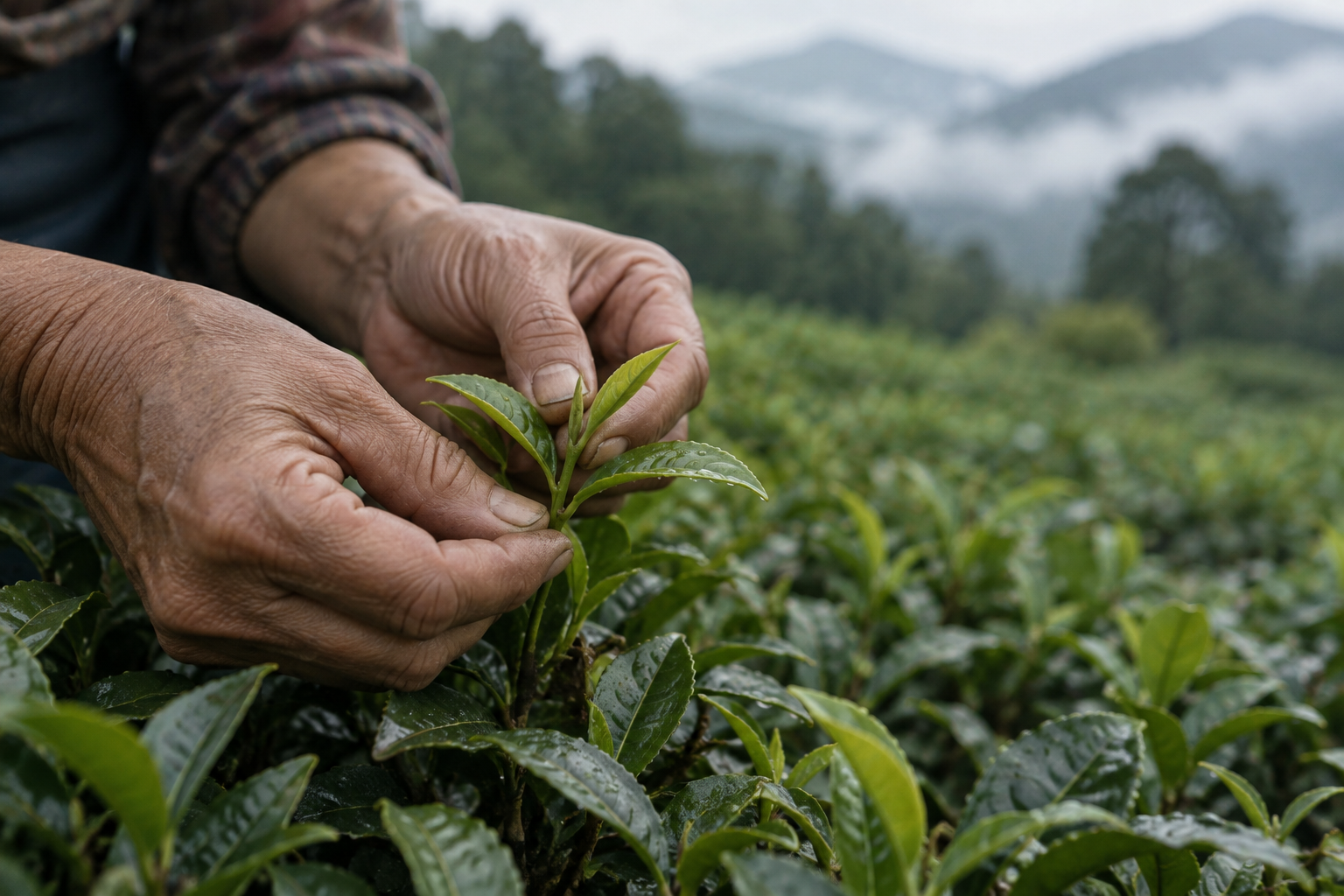 雙手輕柔採摘鮮嫩茶葉
